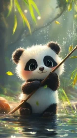 Baby panda grips bamboo staff in sunlit forest stream