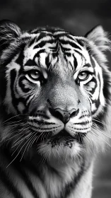 Monochrome tiger portrait with intense forward gaze.