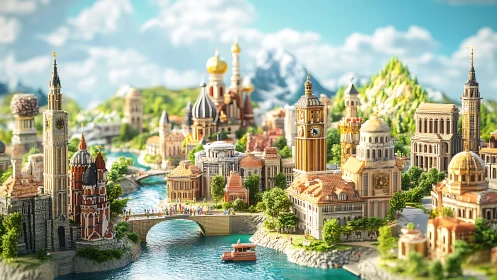 Miniature hybrid capital with iconic landmarks and river topology.