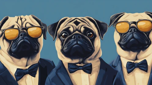 Three tuxedo pugs in suits with bow ties and sunglasses.