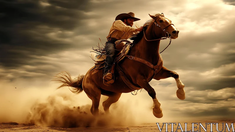 Cowboy galloping quarter horse through sunlit desert dust