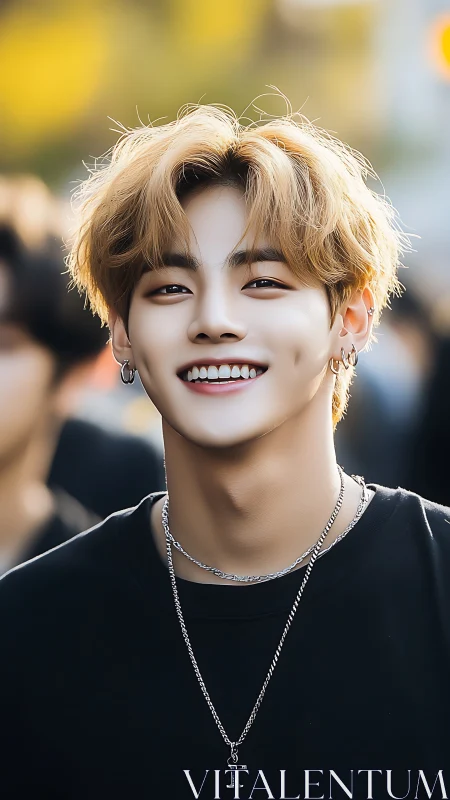 Young man in soft-focus street portrait with luminous bokeh