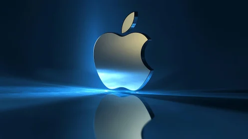 Luminous chrome apple emblem glowing on deep blue horizon.