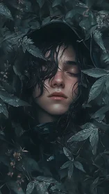 Forest-lulled dreamer drifts beneath rain-slick leaves