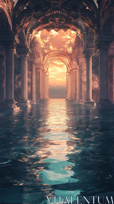 Sunken marble colonnade dreaming under molten skies.