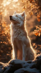 White dog on snowy rocks in warm backlit forest setting.
