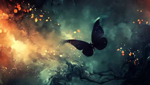 Midnight butterfly drifting through swirling painted starlight.
