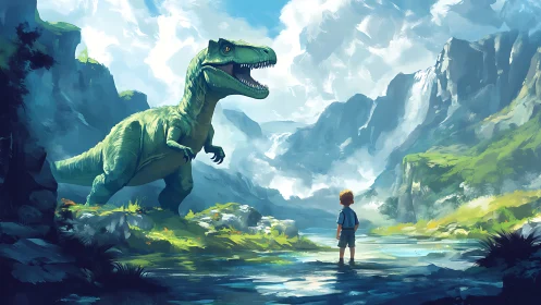 Child observing large green dinosaur in mountain valley.