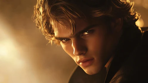 Male portrait in warm directional light with soft focus background.