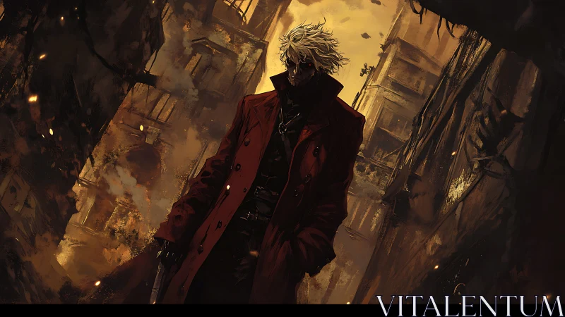 Trench‑coated antihero in burning dystopian alleyway scene.