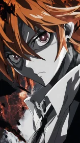 Intense anime portrait with high-contrast shading and molten backdrop