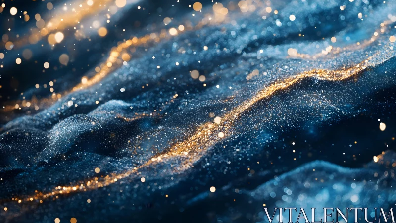 Abstract waves of glittering blue and gold particles, dreamy mood.