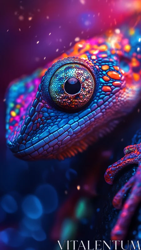 Neon reptile eye glows amid vibrant bokeh and cosmic hues.