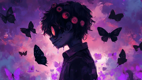 Profile view of stitched figure with butterflies in violet field.