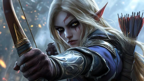 Fierce moonlit elf archer holding her breath between shots.