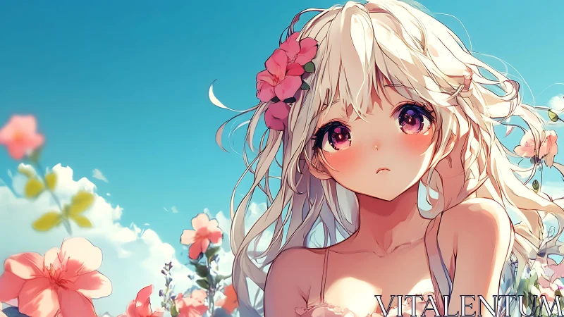 Soft summer gaze of a flower crowned anime girl in bloom
