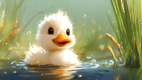 Fluffy pond wanderer with moon-wide eyes and sunshine bill.