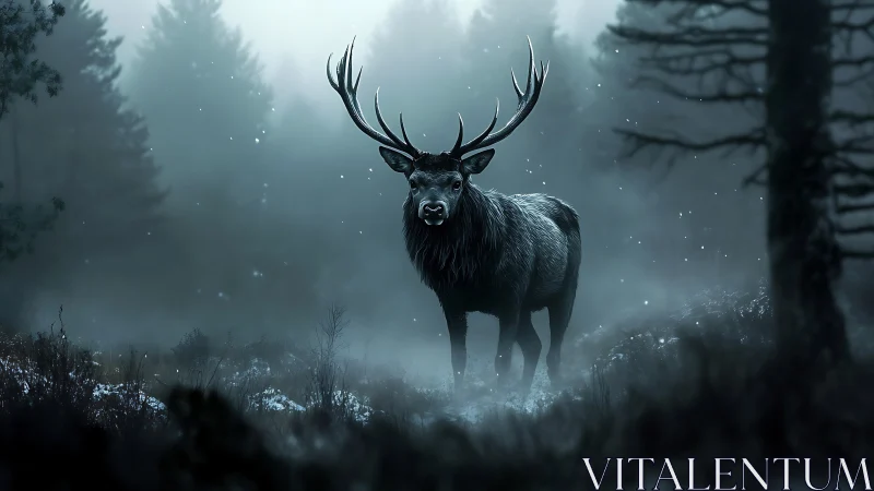 Stag stands in misty conifer forest with diffuse backlighting