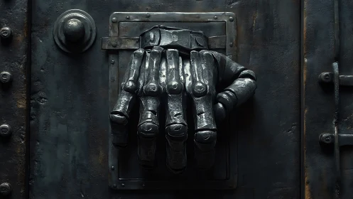 Metallic gauntlet door handle on dark industrial surface.