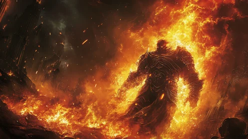 Inferno warlord strides through collapsing ember-scorched city.