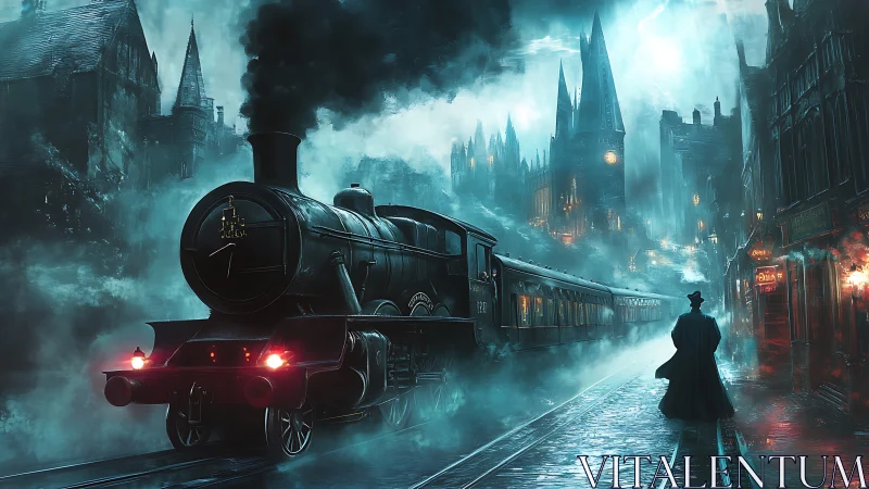Midnight steam train slides into a haunted neon city of fog