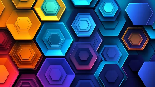 Layered neon hexagons create a dynamic geometric mosaic.