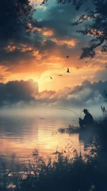 Lone fisherman by misty lake under dramatic sunset sky.