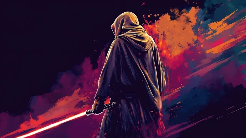 Hooded warrior ignites red energy blade amid explosive nebula