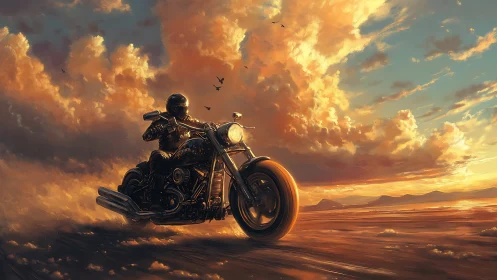 Stormlit rider racing across blazing desert horizon.