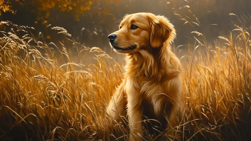 Golden retriever sits in sunlit autumn field at dusk