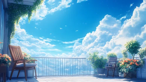 Sunlit sky terrace above clouds with lush flower planters.