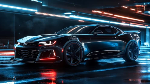 Rendered black sports coupe is parked in neon lit tunnel
