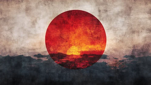 Red sun over dark horizon in textured abstract sky.