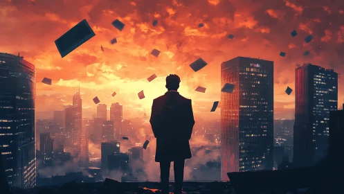 Skyscrapers smolder while a lone thinker edits the horizon