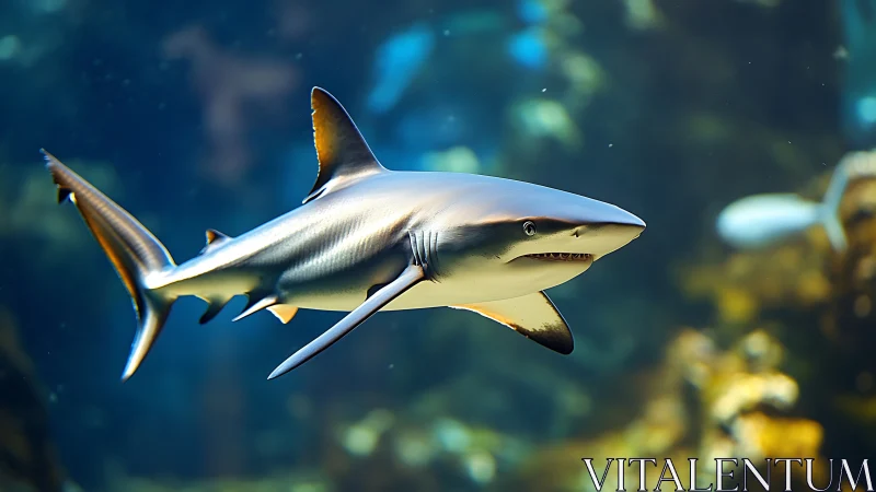 Sleek shark glides through blue reef water in sharp focus.