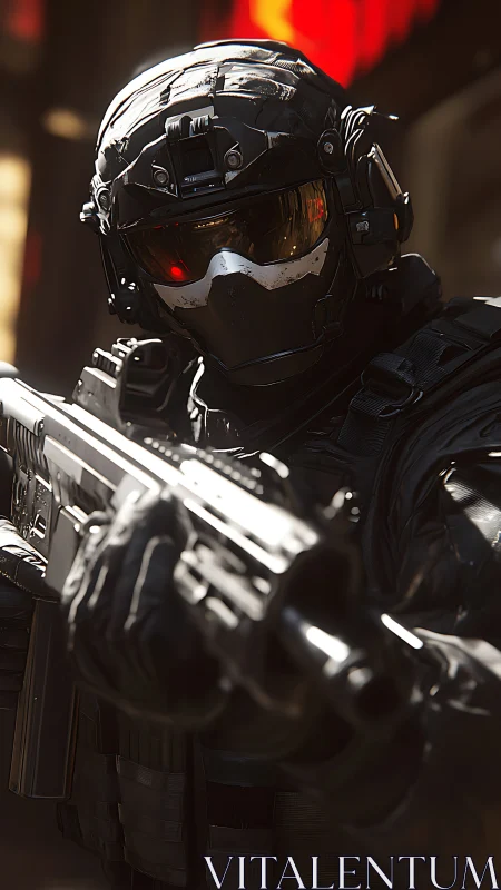 Heavily armed futuristic soldier aims rifle toward viewer