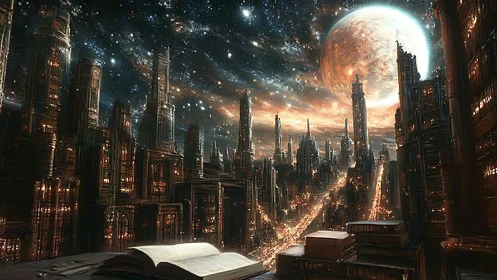 Futuristic city skyline under glowing planet and stars.