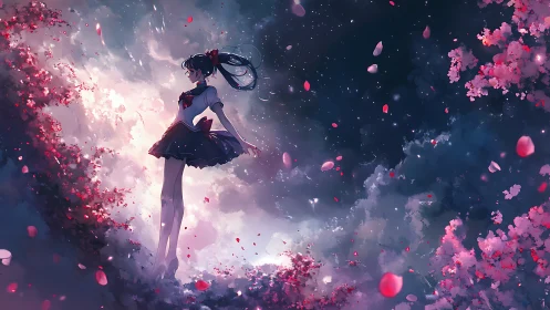 Celestial schoolgirl amid luminous petals and nebula sky.