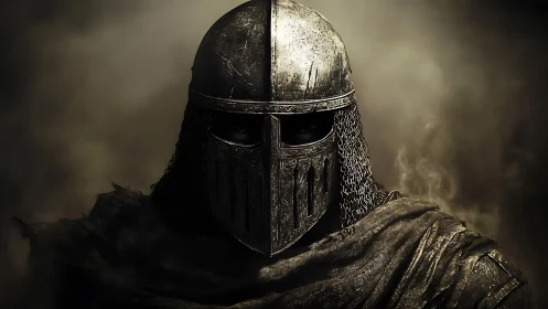 Metal helmeted warrior stands in low key smoky lighting