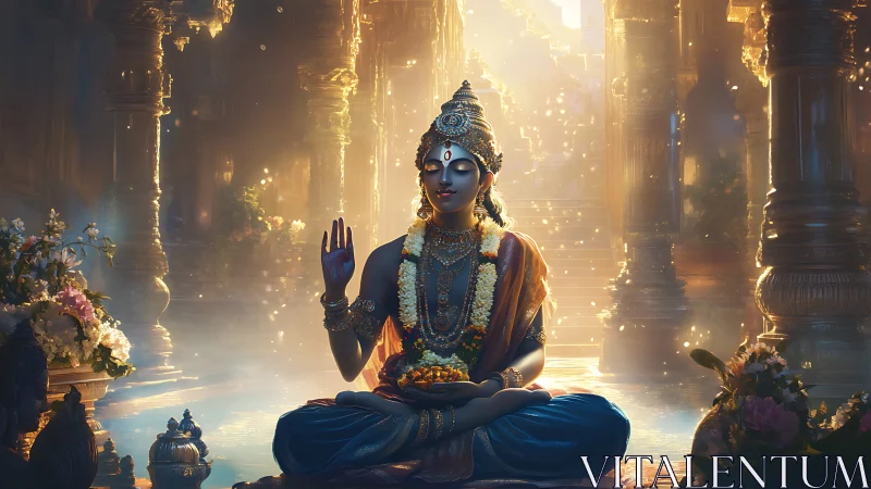 Golden temple serenity with meditating divine figure.