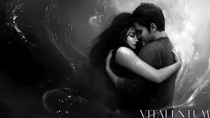 Two figures embrace within swirling darkness and ethereal light