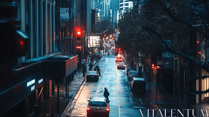 Wet urban street scene shows traffic under mixed artificial light