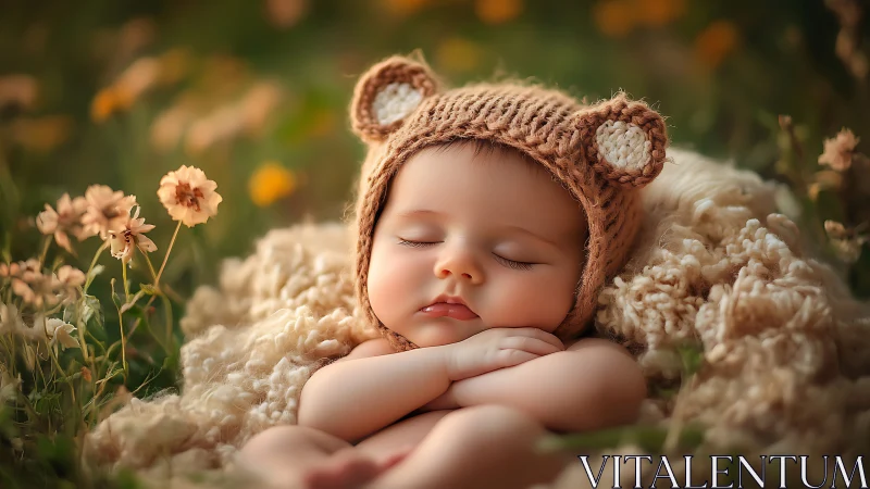 Sleeping infant wearing bear ears bonnet in flower field setting