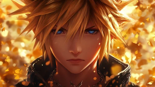 Intense blond anime hero portrait with glowing autumn bokeh