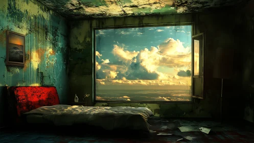 Dilapidated bedroom interior with large clouded sky window.