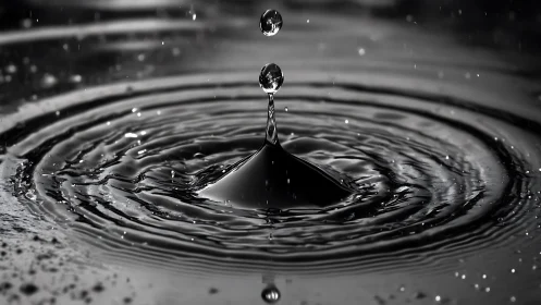 Monochrome water droplet forming concentric ripple rings.