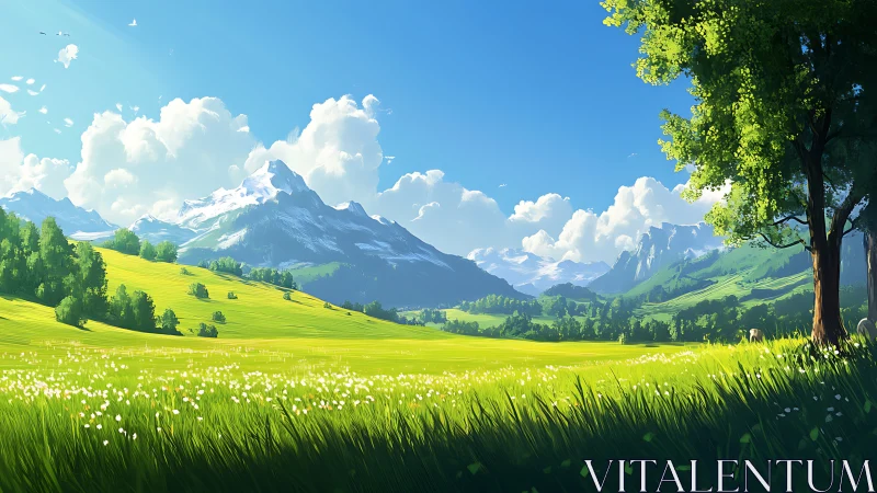 Sunlit alpine meadow stretches toward distant snowy peaks