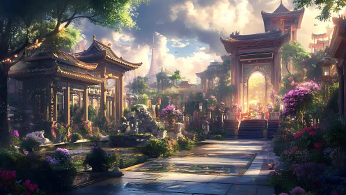 Sunlit imperial garden courtyard in lush blossom.