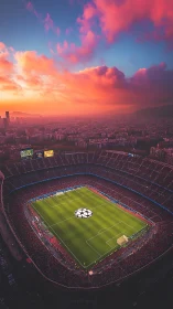 Sunset aerial of illuminated football stadium and city skyline.