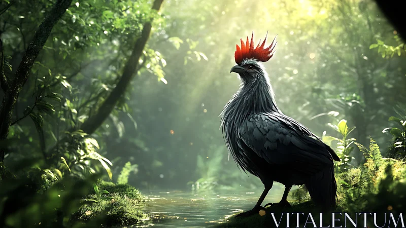 Majestic black bird with red crest in lush, sunlit jungle scene.